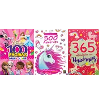 Kit atividades para garotas: 100 atividades para colorir Disney + 500 adesivos e 365 atividades de unicórnio.